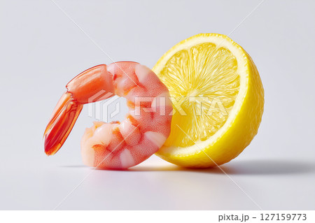 Fresh shrimp curled next to bright lemon slice on minimalistic background. Clean and simple presentation enhances visual appeal. Concept of seafood, cooking, gastronomy 127159773