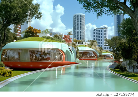 Futuristic buildings with green roofs sit along a smooth winding path in a lively urban landscape. Sunlit day setting showcases innovative architecture and greenery 127159774