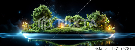 Floating island features vibrant greenery and glowing plants with a mystical atmosphere. Enchanted setting evokes tranquility and sustainability 127159783