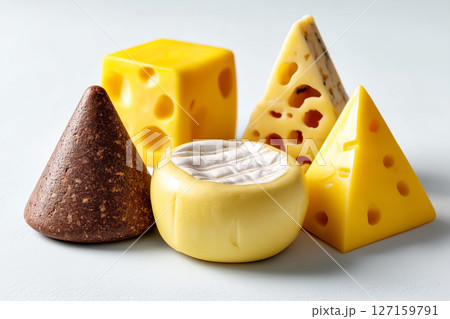Cheese pieces displayed in various geometric shapes on clean white surface. Minimalist aesthetic enhances focus on textures and colors. Concept of culinary art, gourmet food, cheese shops 127159791