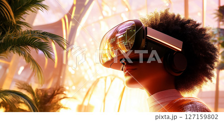 Person immersed in virtual reality wearing headset in a bright and tech-forward space. Futuristic architecture enhances experience. Concept of technology, innovation, entertainment Person immersed in virtual reality wearing headset in a bright and tech-forward space. Futuristic architecture enhances experience. Concept of technology, innovation, entertainment 127159802
