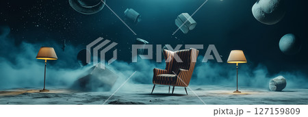 Floating chair and lamps amidst smoky environment with abstract shapes. Surreal atmosphere creates a dreamlike setting. Concept of interior design, creativity, and imagination Floating chair and lamps amidst smoky environment with abstract shapes. Surreal atmosphere creates a dreamlike setting. Concept of interior design, creativity, and imagination 127159809