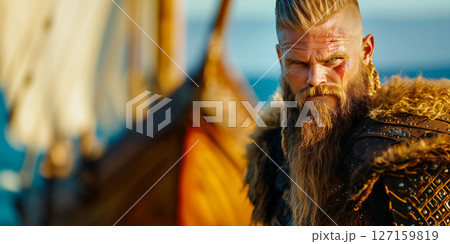 Strong Viking warrior looks at camera with fierce expression, showcasing braided beard and fur clothing. Outdoor coastal setting features traditional ship. Concept of history, adventure, culture Strong Viking warrior looks at camera with fierce expression, showcasing braided beard and fur clothing. Outdoor coastal setting features traditional ship. Concept of history, adventure, culture 127159819