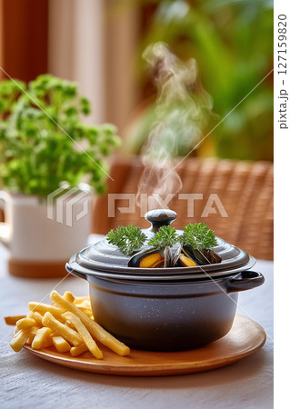 Lid of black pot lifted to reveal steaming mussels with fragrant vapors rising. Nearby, crispy shoestring fries blur in foreground. Concept of dining, culinary arts, seafood restaurant Lid of black pot lifted to reveal steaming mussels with fragrant vapors rising. Nearby, crispy shoestring fries blur in foreground. Concept of dining, culinary arts, seafood restaurant 127159820