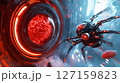 Futuristic robotic spider explores vivid sci-fi environment with glowing red spheres. High-tech setting with molecular structures and dynamic visuals. Concept of technology, innovation, science 127159823