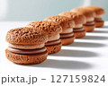 Chocolate sandwich cookies arranged in straight line on bright surface. Clean white background enhances the texture and appeal. Concept of dessert, bakery, snack food 127159824