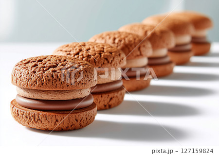 Chocolate sandwich cookies arranged in straight line on bright surface. Clean white background enhances the texture and appeal. Concept of dessert, bakery, snack food Chocolate sandwich cookies arranged in straight line on bright surface. Clean white background enhances the texture and appeal. Concept of dessert, bakery, snack food 127159824