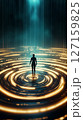Person standing in center of glowing circular patterns with cascading light creating an ethereal effect. Surreal atmosphere evokes feelings of introspection and discovery 127159825