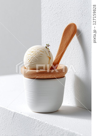Creamy ice cream placed in a stylish white bowl with a wooden spoon. Minimalist setting with textured white surfaces creates modern aesthetic 127159828
