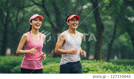 雨の日でも元気に走る男女ランナー 127159848