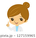 指差しをする白衣を着た女性、医者の上半身 127159965