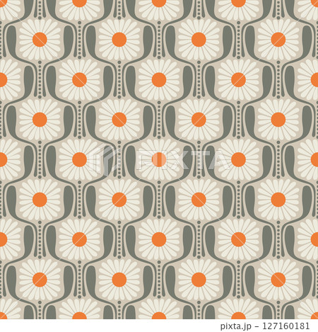 Retro pattern with daisies in the style of the middle of the century on a beige background Retro pattern with daisies in the style of the middle of the century on a beige background 127160181