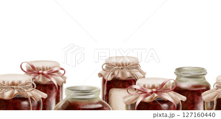 Cherry jam in glass jars in a seamless border with fabric vintage lids, label with ribbons and twine in a bow. Hand-drawn watercolor illustration on a transparent background 127160440