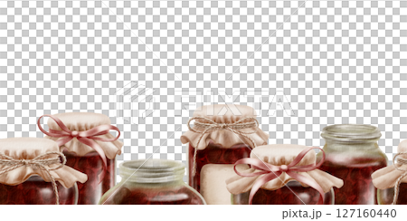 Cherry jam in glass jars in a seamless border with fabric vintage lids, label with ribbons and twine in a bow. Hand-drawn watercolor illustration on a transparent background 127160440