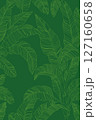 Seamless pattern of vibrant green banana leaves, drawn in a clean line art style against a solid darker green background. This tropical foliage design offers a fresh, organic, and modern. 127160658