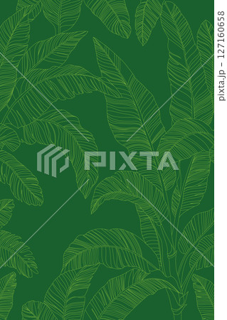 Seamless pattern of vibrant green banana leaves, drawn in a clean line art style against a solid darker green background. This tropical foliage design offers a fresh, organic, and modern. 127160658