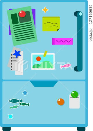 磁石やメモが貼られた家庭用冷蔵庫のイラスト 127160659