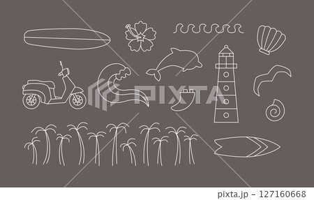 Line tropical lifestyle simple boho icons. Cute outline vector elements about ocean, beach, resort, surf camp, vacation. Line tropical lifestyle simple boho icons. Cute outline vector elements about ocean, beach, resort, surf camp, vacation. 127160668