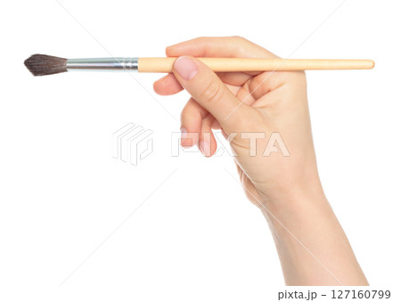 Woman hand holds paint brush, isolated on transparent background, painting and design concept 127160799