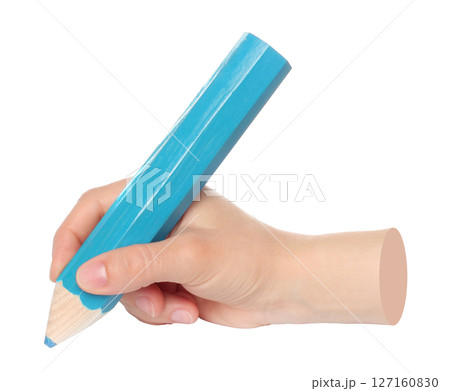 Hand with big blue wooden pencil isolated on transparent background. Contemporary art Hand with big blue wooden pencil isolated on transparent background. Contemporary art 127160830