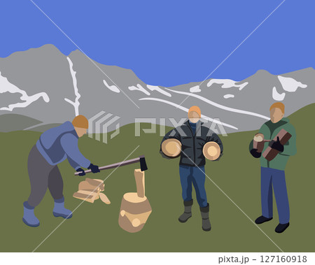 Vector isolated illustration of harvesting firewood on a mountain landscape background. Vector isolated illustration of harvesting firewood on a mountain landscape background. 127160918