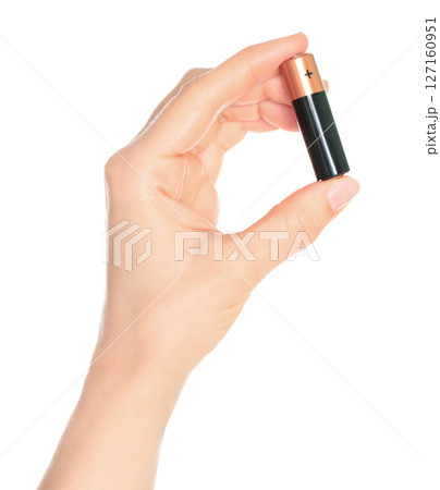 Woman Hand holds a Battery, isolated on transparent background close-up, template for energy saving ads Woman Hand holds a Battery, isolated on transparent background close-up, template for energy saving ads 127160951