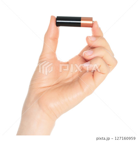 Woman Hand holds a Battery, isolated on transparent background close-up, template for energy saving ads Woman Hand holds a Battery, isolated on transparent background close-up, template for energy saving ads 127160959