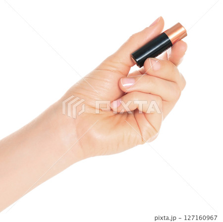Woman Hand holds a Battery, isolated on transparent background close-up, template for energy saving ads Woman Hand holds a Battery, isolated on transparent background close-up, template for energy saving ads 127160967