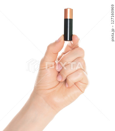 Woman Hand holds a Battery, isolated on transparent background close-up, template for energy saving ads 127160969