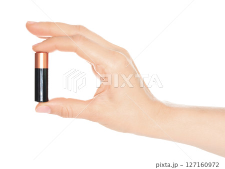 Woman Hand holds a Battery, isolated on transparent background close-up, template for energy saving ads 127160972