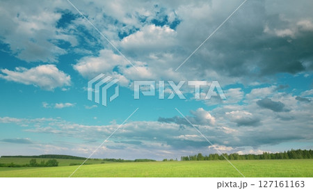 A Beautiful and Vast Cloudy Sky Spreading Over Lush and Vibrant Green Fields Located Outside A Beautiful and Vast Cloudy Sky Spreading Over Lush and Vibrant Green Fields Located Outside 127161163