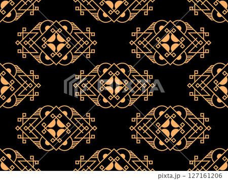 Geometric seamless pattern in line art style. Art deco geometric pattern of golden lines on a black background. Vintage linear style. Design for wallpapers, wrappers and banners. Vector illustration 127161206
