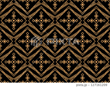 Geometric seamless pattern in line art style. Art deco geometric pattern of golden lines on a black background. Vintage linear style. Design for wallpapers, wrappers and banners. Vector illustration 127161209