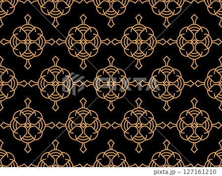 Geometric seamless pattern in line art style. Art deco geometric pattern of golden lines on a black background. Vintage linear style. Design for wallpapers, wrappers and banners. Vector illustration Geometric seamless pattern in line art style. Art deco geometric pattern of golden lines on a black background. Vintage linear style. Design for wallpapers, wrappers and banners. Vector illustration 127161210