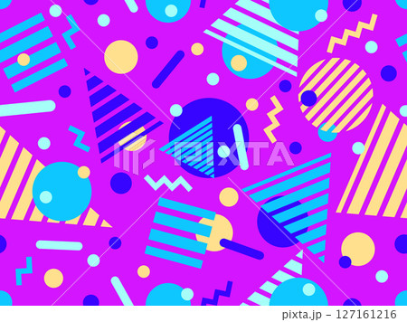 Geometric seamless pattern with memphis elements in 80s style. Colorful pattern with different geometric shapes. Design for packaging, covers, wrapping and promotional products. Vector illustration 127161216