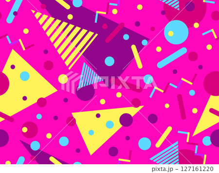 Geometric seamless pattern with memphis elements in 80s style. Colorful pattern with different geometric shapes. Design for packaging, covers, wrapping and promotional products. Vector illustration 127161220