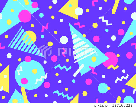 Geometric seamless pattern with memphis elements in 80s style. Colorful pattern with different geometric shapes. Design for packaging, covers, wrapping and promotional products. Vector illustration 127161222