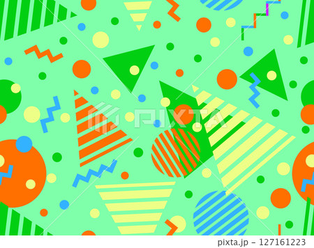 Geometric seamless pattern with memphis elements in 80s style. Colorful pattern with different geometric shapes. Design for packaging, covers, wrapping and promotional products. Vector illustration 127161223