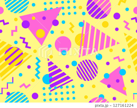 Geometric seamless pattern with memphis elements in 80s style. Colorful pattern with different geometric shapes. Design for packaging, covers, wrapping and promotional products. Vector illustration Geometric seamless pattern with memphis elements in 80s style. Colorful pattern with different geometric shapes. Design for packaging, covers, wrapping and promotional products. Vector illustration 127161224
