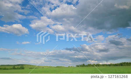 A Vibrant Cloudy Sky Over a Beautiful Green Meadow Landscape That Captivates Natures Essence A Vibrant Cloudy Sky Over a Beautiful Green Meadow Landscape That Captivates Natures Essence 127161268