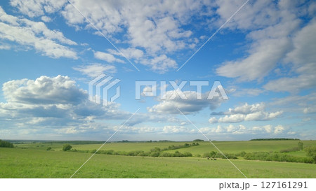A Beautiful Serene Landscape Displaying Clear Blue Skies Alongside Fluffy White Clouds 127161291
