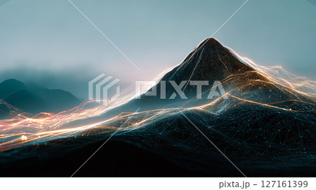 Futuristic mountain landscape made of glowing neural network connections and digital lines Futuristic mountain landscape made of glowing neural network connections and digital lines 127161399