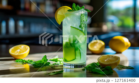 Tall glass of lemon mint cucumber drink filled with crushed ice and fresh herbs, garnished with lemon slice and mint leaves, standing on reflective bar counter with scattered lemons and mint Tall glass of lemon mint cucumber drink filled with crushed ice and fresh herbs, garnished with lemon slice and mint leaves, standing on reflective bar counter with scattered lemons and mint 127161400
