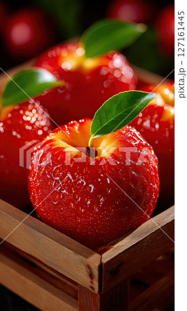 A close-up of juicy, red strawberries in a wooden crate with a green leaf. A close-up of juicy, red strawberries in a wooden crate with a green leaf. 127161445