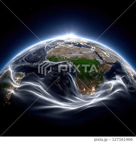 The Earth at night, with light trails and a rising sun, is a beautiful cosmic artwork. 127161466