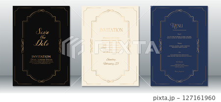 Elegant Wedding Invitation Set with Gold Border on Black and Navy Backgrounds 127161960
