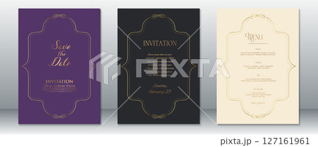 Elegant Wedding Invitation Set with Gold Frame on Purple and Black Backgrounds 127161961