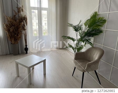 Chair and table with plants in the interior of a room with a window 127162001