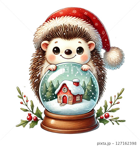 Cute hedgehog in Santa hat with Christmas snow globe. Cute hedgehog in Santa hat with Christmas snow globe. 127162398