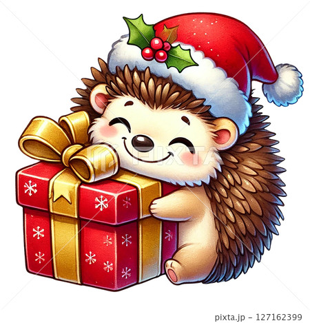 Cute hedgehog with a Christmas hat holding a festive gift. 127162399